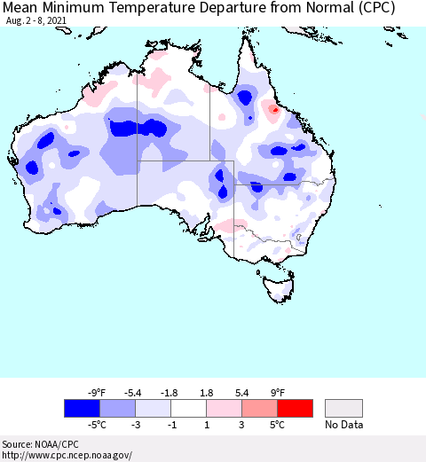 Australia Mean Minimum Temperature Departure from Normal (CPC) Thematic Map For 8/2/2021 - 8/8/2021