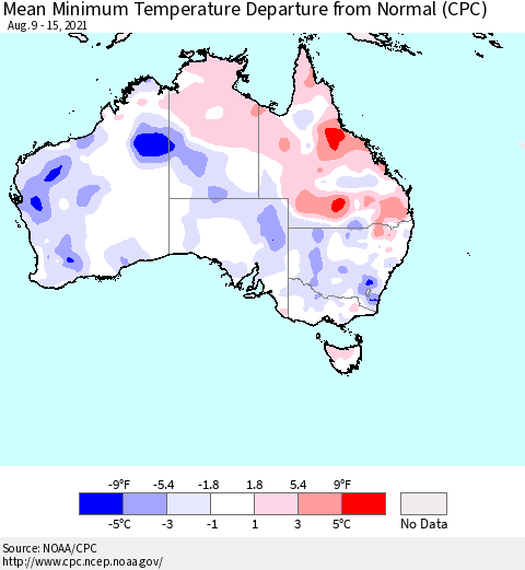 Australia Mean Minimum Temperature Departure from Normal (CPC) Thematic Map For 8/9/2021 - 8/15/2021