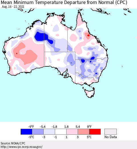 Australia Mean Minimum Temperature Departure from Normal (CPC) Thematic Map For 8/16/2021 - 8/22/2021