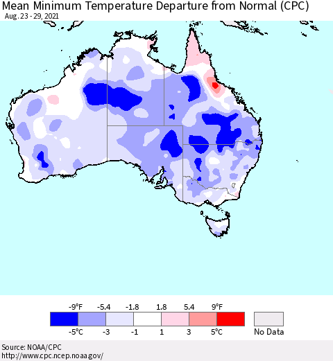 Australia Mean Minimum Temperature Departure from Normal (CPC) Thematic Map For 8/23/2021 - 8/29/2021