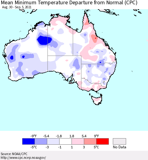 Australia Mean Minimum Temperature Departure from Normal (CPC) Thematic Map For 8/30/2021 - 9/5/2021