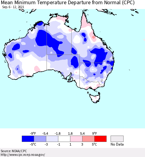 Australia Mean Minimum Temperature Departure from Normal (CPC) Thematic Map For 9/6/2021 - 9/12/2021