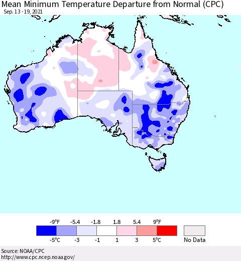 Australia Mean Minimum Temperature Departure from Normal (CPC) Thematic Map For 9/13/2021 - 9/19/2021