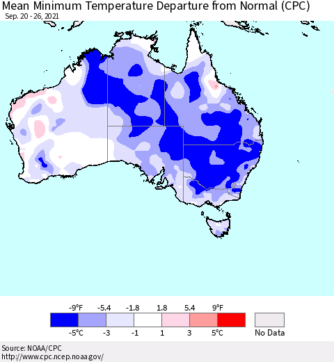 Australia Mean Minimum Temperature Departure from Normal (CPC) Thematic Map For 9/20/2021 - 9/26/2021