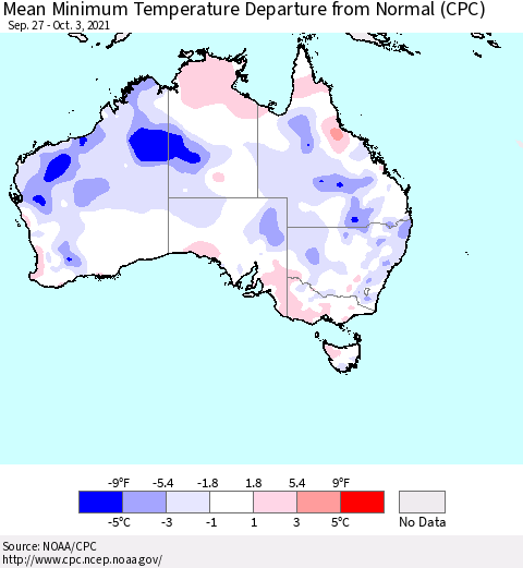 Australia Mean Minimum Temperature Departure from Normal (CPC) Thematic Map For 9/27/2021 - 10/3/2021