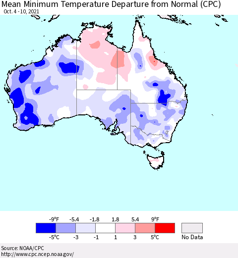 Australia Mean Minimum Temperature Departure from Normal (CPC) Thematic Map For 10/4/2021 - 10/10/2021