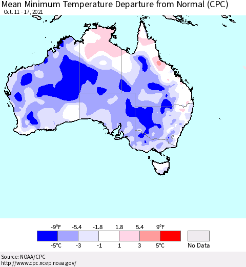 Australia Mean Minimum Temperature Departure from Normal (CPC) Thematic Map For 10/11/2021 - 10/17/2021
