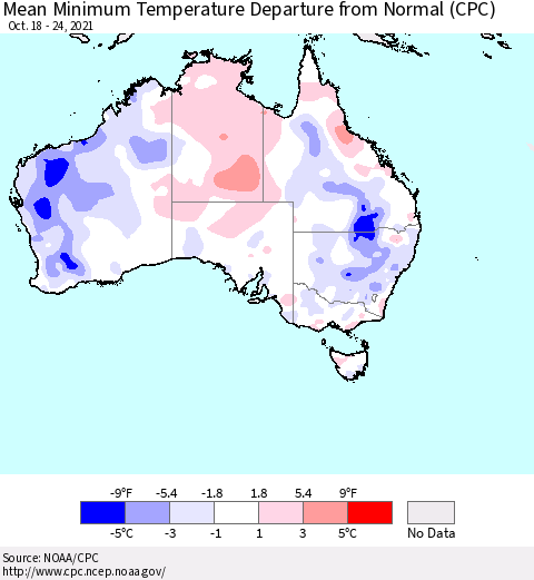 Australia Mean Minimum Temperature Departure from Normal (CPC) Thematic Map For 10/18/2021 - 10/24/2021