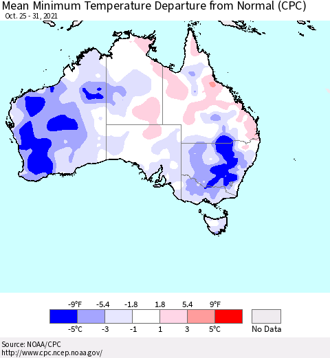 Australia Mean Minimum Temperature Departure from Normal (CPC) Thematic Map For 10/25/2021 - 10/31/2021