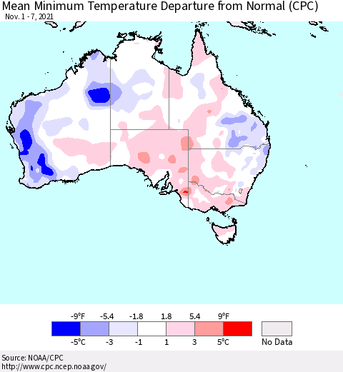 Australia Mean Minimum Temperature Departure from Normal (CPC) Thematic Map For 11/1/2021 - 11/7/2021