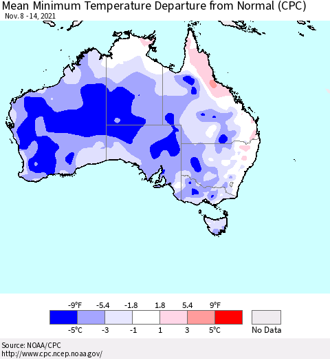 Australia Mean Minimum Temperature Departure from Normal (CPC) Thematic Map For 11/8/2021 - 11/14/2021