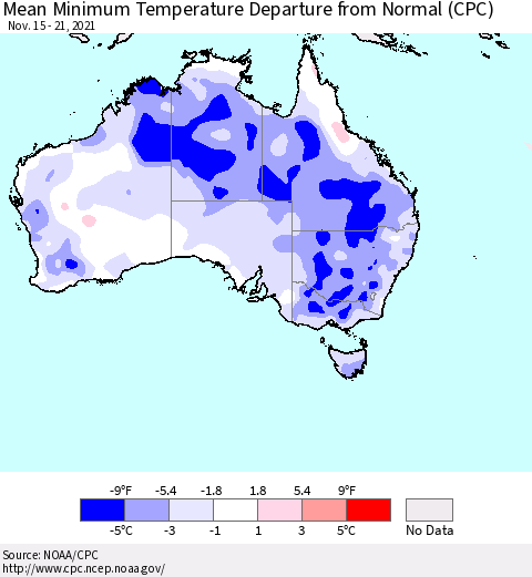 Australia Mean Minimum Temperature Departure from Normal (CPC) Thematic Map For 11/15/2021 - 11/21/2021