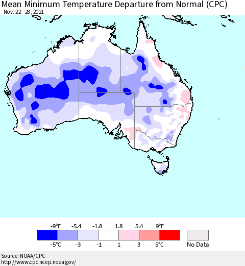 Australia Mean Minimum Temperature Departure from Normal (CPC) Thematic Map For 11/22/2021 - 11/28/2021