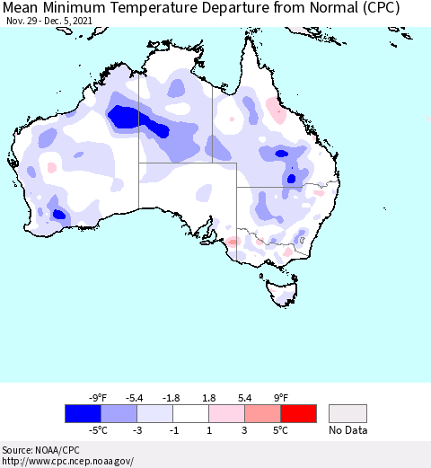Australia Mean Minimum Temperature Departure from Normal (CPC) Thematic Map For 11/29/2021 - 12/5/2021