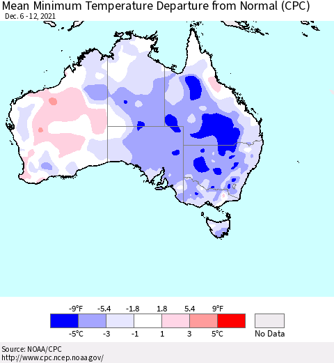 Australia Mean Minimum Temperature Departure from Normal (CPC) Thematic Map For 12/6/2021 - 12/12/2021
