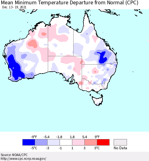 Australia Mean Minimum Temperature Departure from Normal (CPC) Thematic Map For 12/13/2021 - 12/19/2021