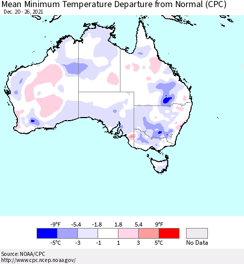 Australia Mean Minimum Temperature Departure from Normal (CPC) Thematic Map For 12/20/2021 - 12/26/2021