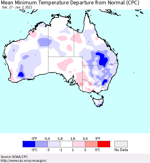 Australia Mean Minimum Temperature Departure from Normal (CPC) Thematic Map For 12/27/2021 - 1/2/2022