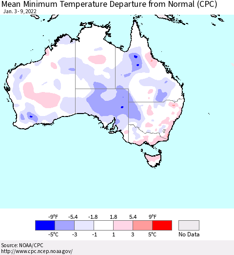 Australia Mean Minimum Temperature Departure from Normal (CPC) Thematic Map For 1/3/2022 - 1/9/2022