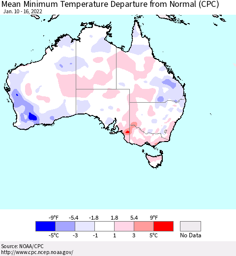 Australia Mean Minimum Temperature Departure from Normal (CPC) Thematic Map For 1/10/2022 - 1/16/2022