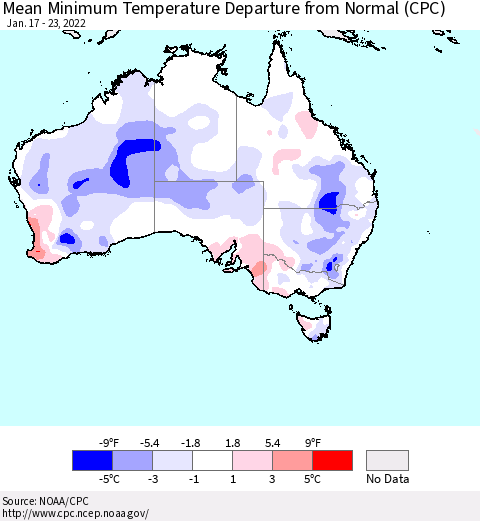 Australia Mean Minimum Temperature Departure from Normal (CPC) Thematic Map For 1/17/2022 - 1/23/2022