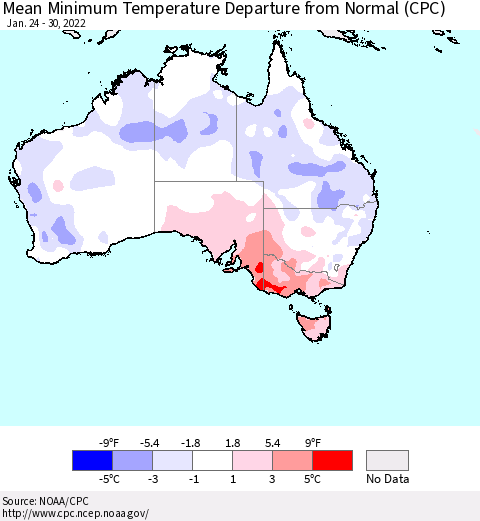 Australia Mean Minimum Temperature Departure from Normal (CPC) Thematic Map For 1/24/2022 - 1/30/2022