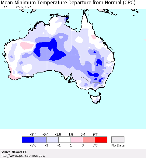 Australia Mean Minimum Temperature Departure from Normal (CPC) Thematic Map For 1/31/2022 - 2/6/2022