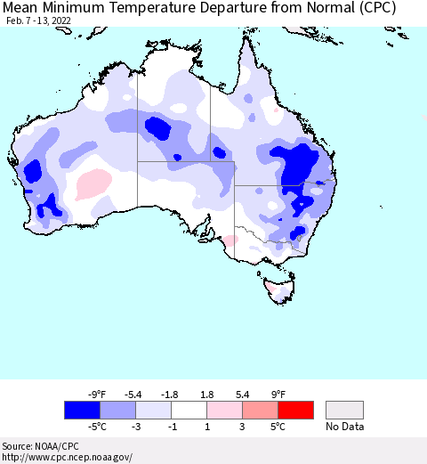 Australia Mean Minimum Temperature Departure from Normal (CPC) Thematic Map For 2/7/2022 - 2/13/2022