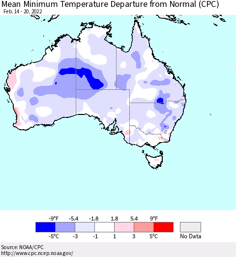 Australia Mean Minimum Temperature Departure from Normal (CPC) Thematic Map For 2/14/2022 - 2/20/2022