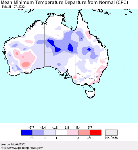 Australia Mean Minimum Temperature Departure from Normal (CPC) Thematic Map For 2/21/2022 - 2/27/2022