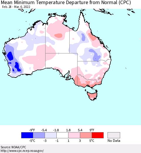 Australia Mean Minimum Temperature Departure from Normal (CPC) Thematic Map For 2/28/2022 - 3/6/2022