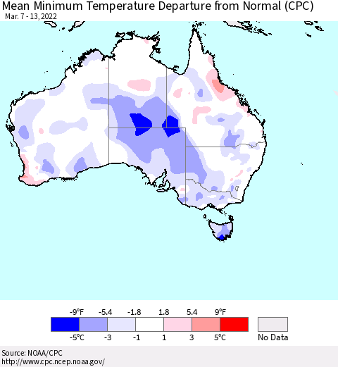 Australia Mean Minimum Temperature Departure from Normal (CPC) Thematic Map For 3/7/2022 - 3/13/2022