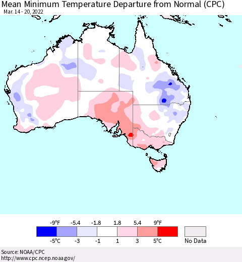 Australia Mean Minimum Temperature Departure from Normal (CPC) Thematic Map For 3/14/2022 - 3/20/2022