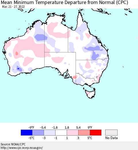 Australia Mean Minimum Temperature Departure from Normal (CPC) Thematic Map For 3/21/2022 - 3/27/2022