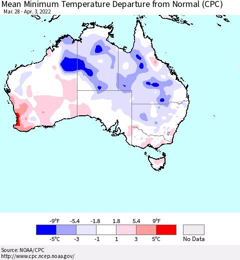 Australia Mean Minimum Temperature Departure from Normal (CPC) Thematic Map For 3/28/2022 - 4/3/2022
