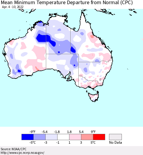 Australia Mean Minimum Temperature Departure from Normal (CPC) Thematic Map For 4/4/2022 - 4/10/2022