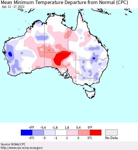 Australia Mean Minimum Temperature Departure from Normal (CPC) Thematic Map For 4/11/2022 - 4/17/2022