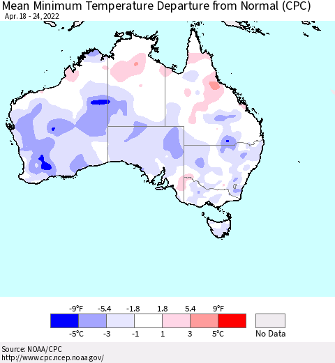 Australia Mean Minimum Temperature Departure from Normal (CPC) Thematic Map For 4/18/2022 - 4/24/2022