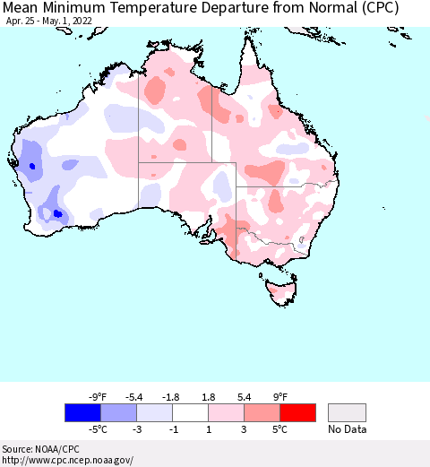 Australia Mean Minimum Temperature Departure from Normal (CPC) Thematic Map For 4/25/2022 - 5/1/2022