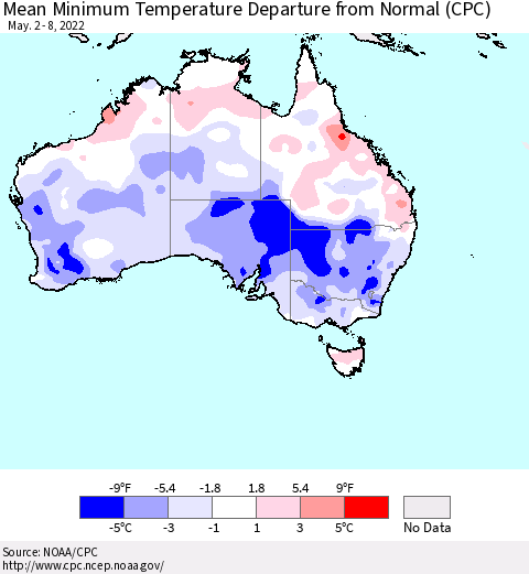 Australia Mean Minimum Temperature Departure from Normal (CPC) Thematic Map For 5/2/2022 - 5/8/2022
