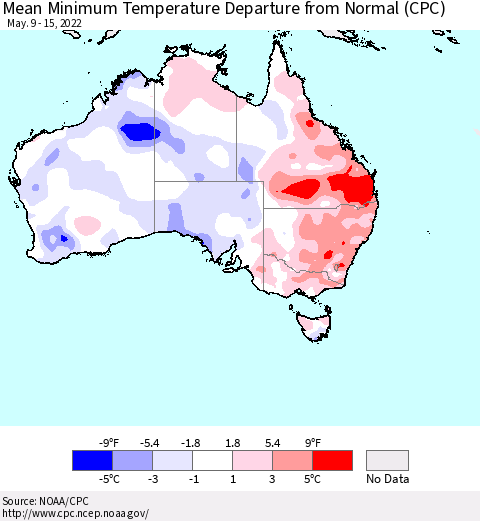 Australia Mean Minimum Temperature Departure from Normal (CPC) Thematic Map For 5/9/2022 - 5/15/2022