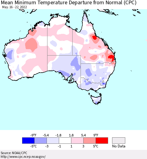 Australia Mean Minimum Temperature Departure from Normal (CPC) Thematic Map For 5/16/2022 - 5/22/2022