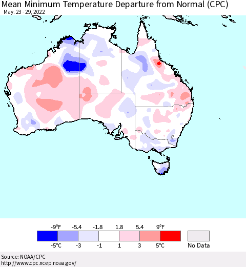 Australia Mean Minimum Temperature Departure from Normal (CPC) Thematic Map For 5/23/2022 - 5/29/2022