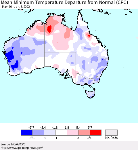 Australia Mean Minimum Temperature Departure from Normal (CPC) Thematic Map For 5/30/2022 - 6/5/2022