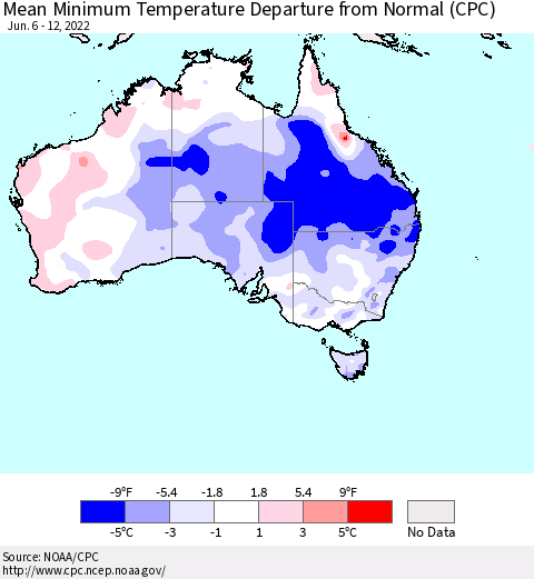 Australia Mean Minimum Temperature Departure from Normal (CPC) Thematic Map For 6/6/2022 - 6/12/2022