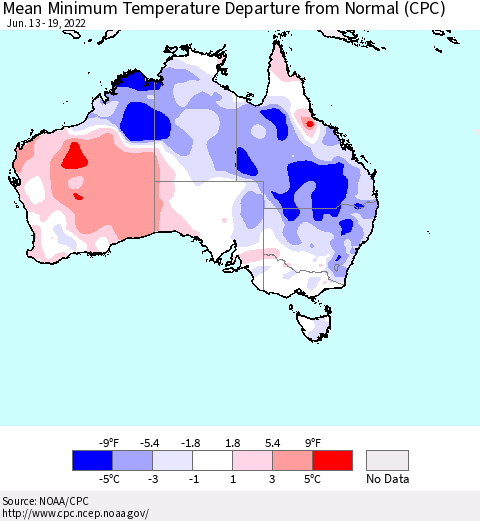 Australia Mean Minimum Temperature Departure from Normal (CPC) Thematic Map For 6/13/2022 - 6/19/2022