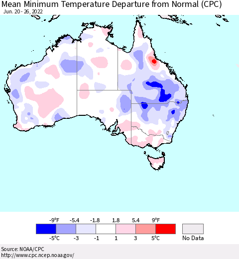 Australia Mean Minimum Temperature Departure from Normal (CPC) Thematic Map For 6/20/2022 - 6/26/2022