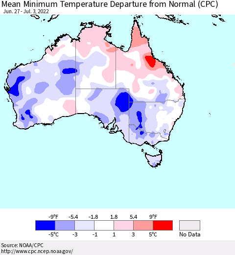 Australia Mean Minimum Temperature Departure from Normal (CPC) Thematic Map For 6/27/2022 - 7/3/2022