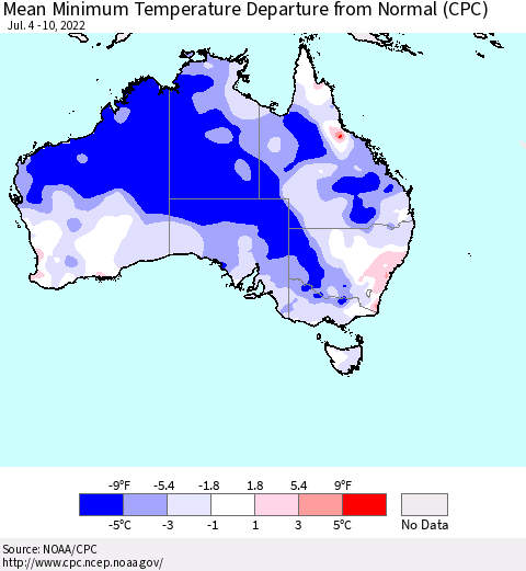 Australia Mean Minimum Temperature Departure from Normal (CPC) Thematic Map For 7/4/2022 - 7/10/2022