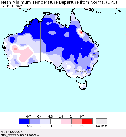 Australia Mean Minimum Temperature Departure from Normal (CPC) Thematic Map For 7/11/2022 - 7/17/2022